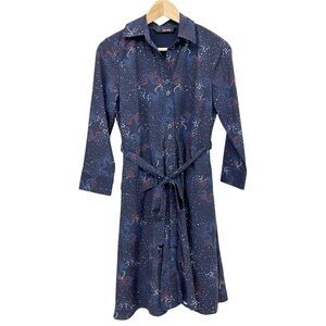 Red White Blue Star Pattern Navy Blue Long Sleeve Belted Shirt Dress july 4th